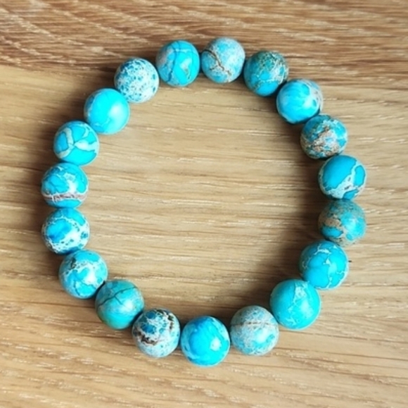 SOLD Turquoise Imperial Sea Sediment Jasper Bead Stretch Hand Crafted Bracelet - Picture 3 of 9